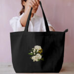 Large Black Tote Bag with simple Flower Print