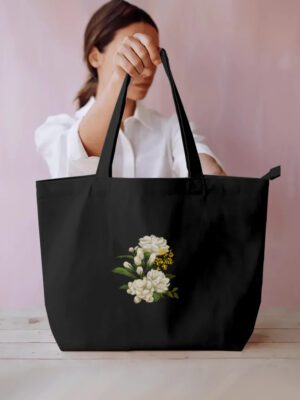 Large Black Tote Bag with simple Flower Print